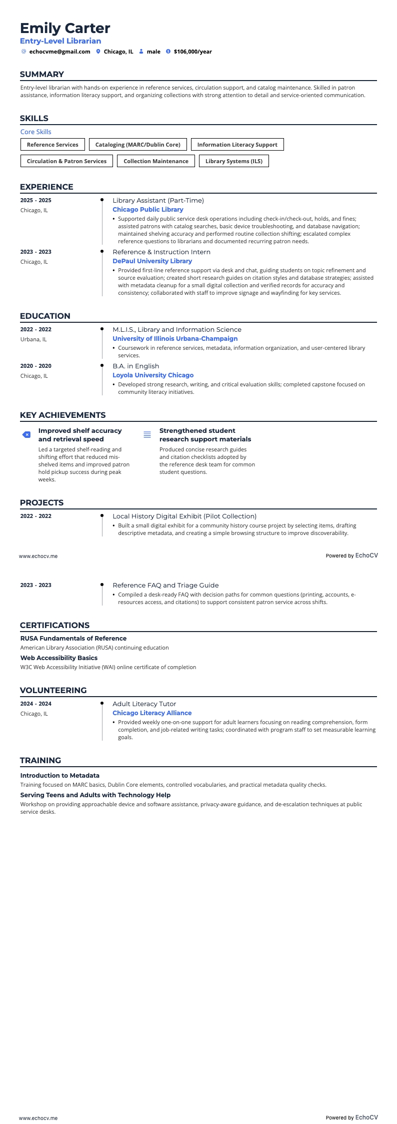Entry-Level Librarian example resume