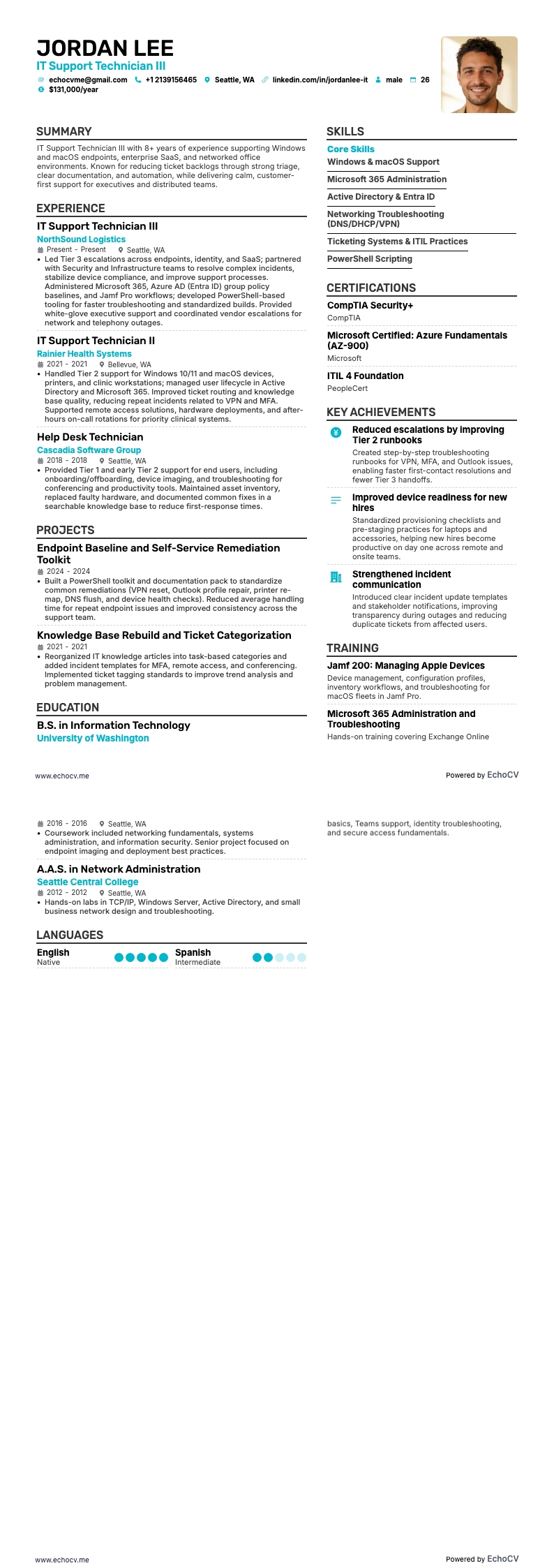 IT Support Technician III example resume