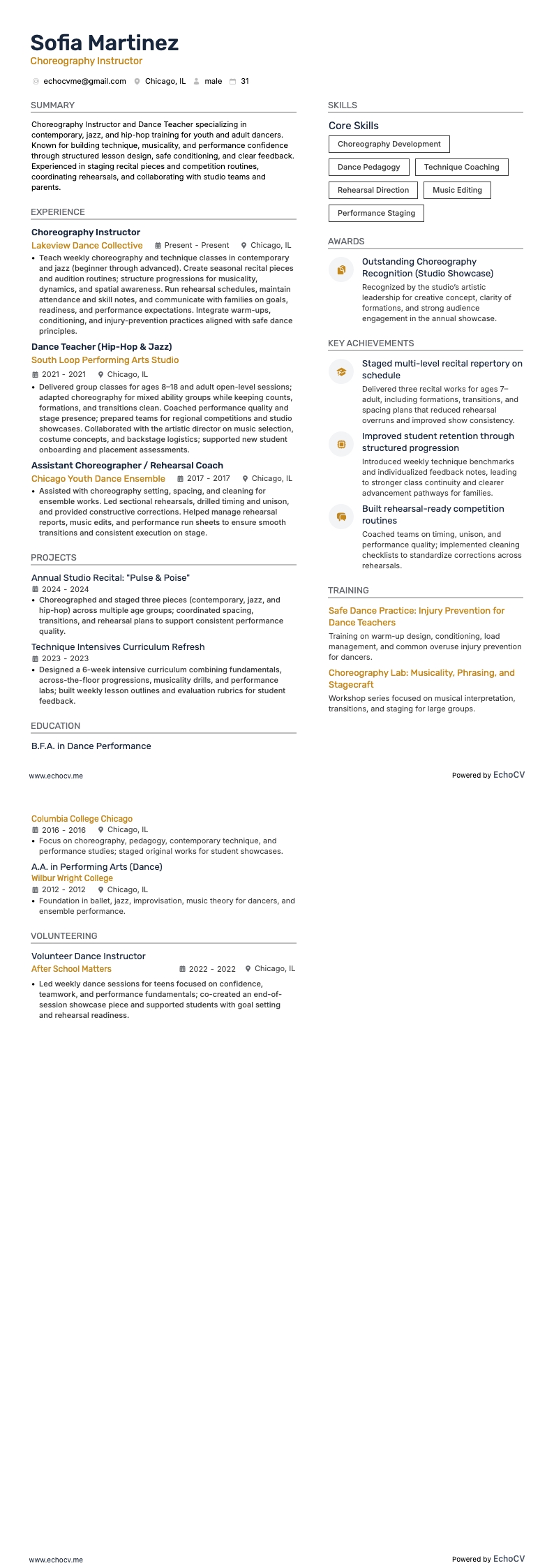 编舞讲师 example resume