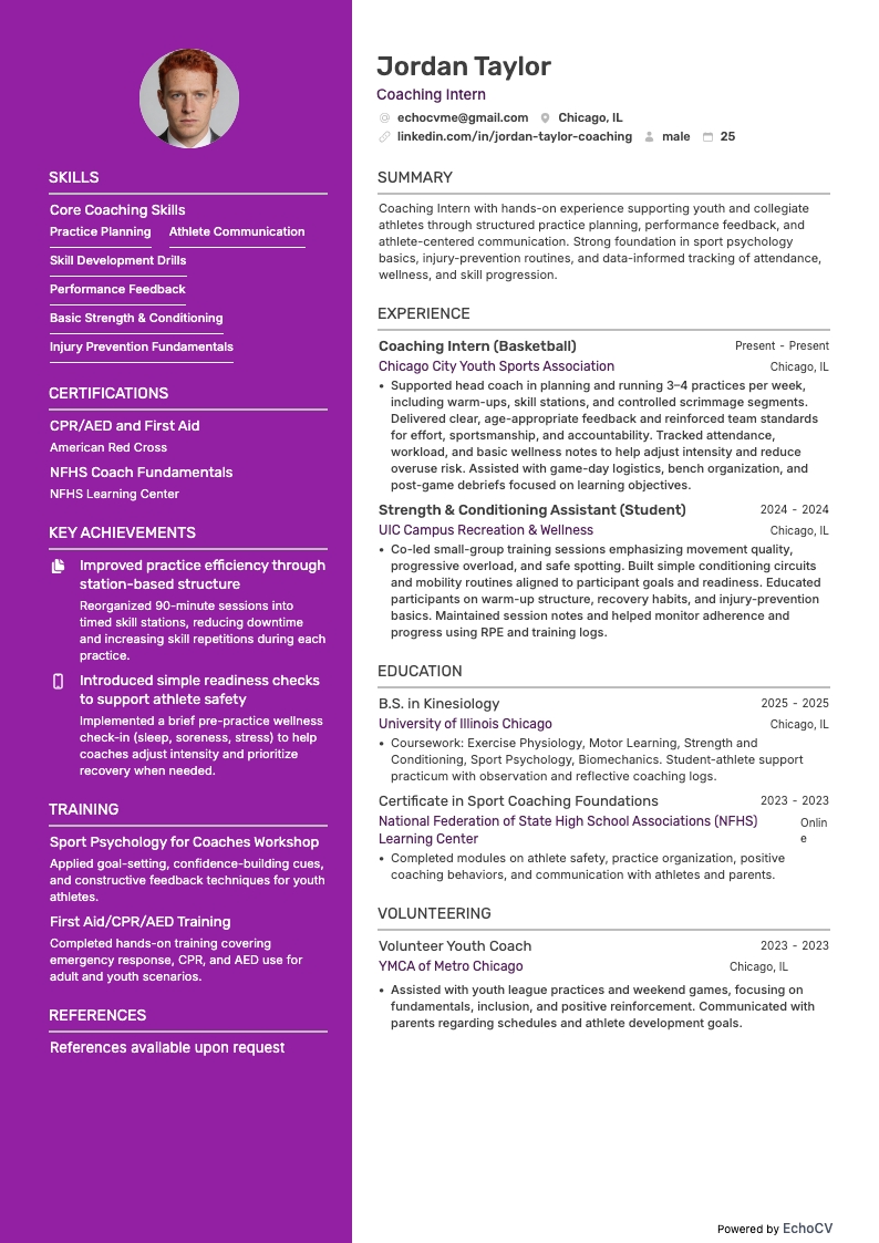 Coaching Intern example resume
