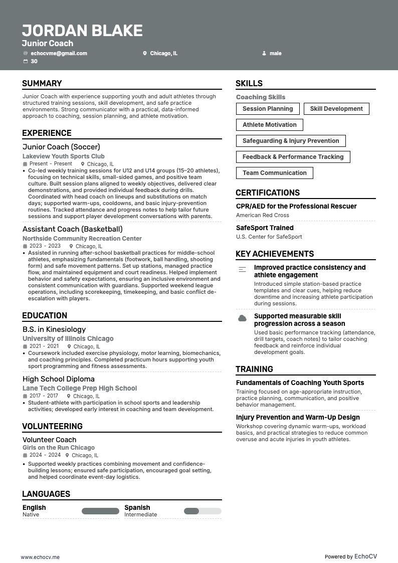 Junior Coach example resume