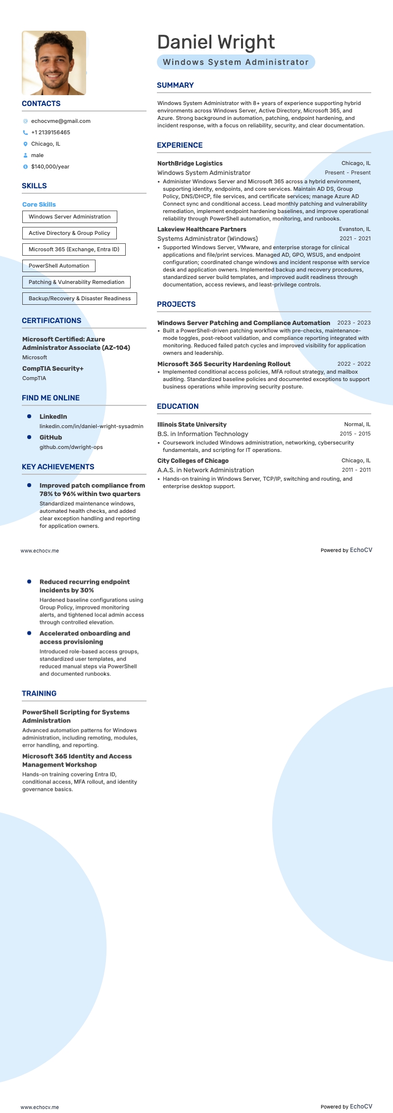 Administrador de sistemas Windows example resume