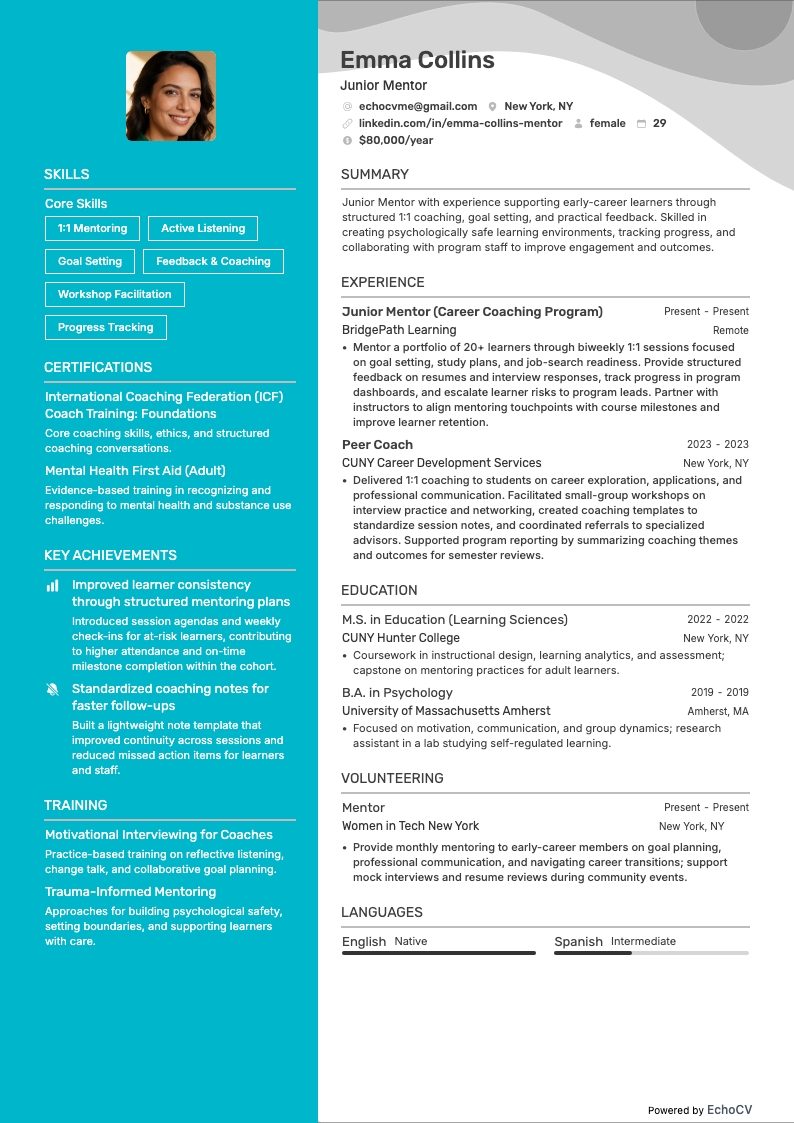 Junior mentor example resume