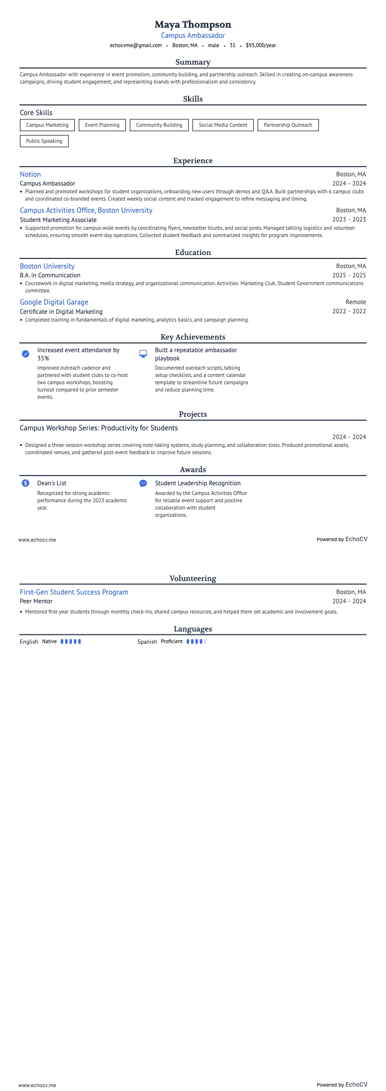 Embajador de campus example resume