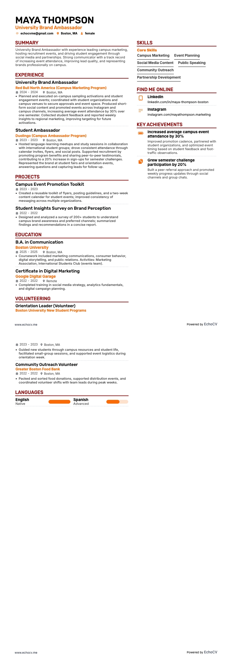 Embajador de Marca Universitaria example resume