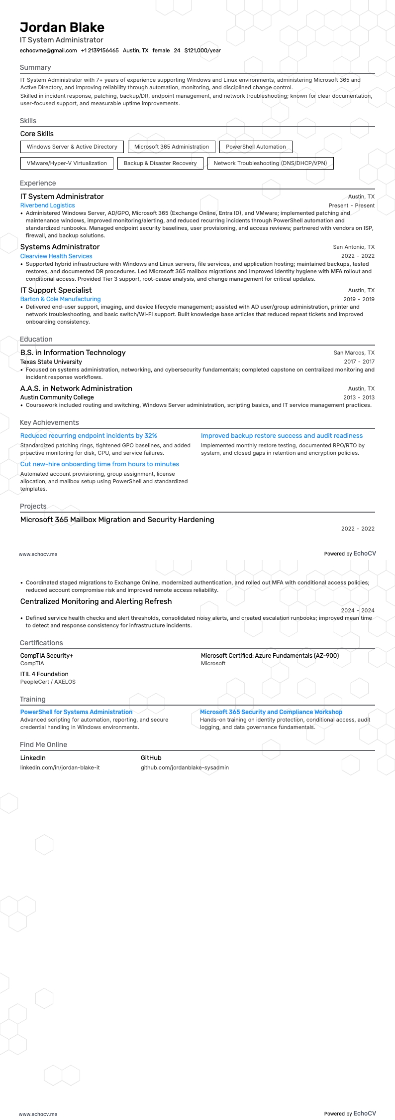 Administrador de sistemas de TI example resume