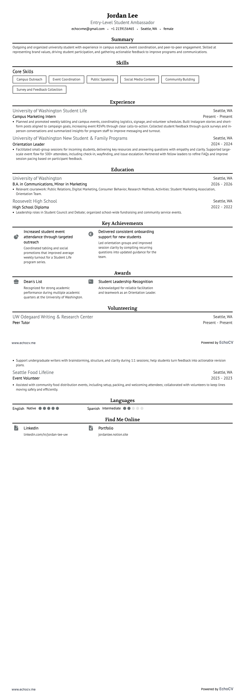 Embajador/a estudiantil de nivel inicial example resume