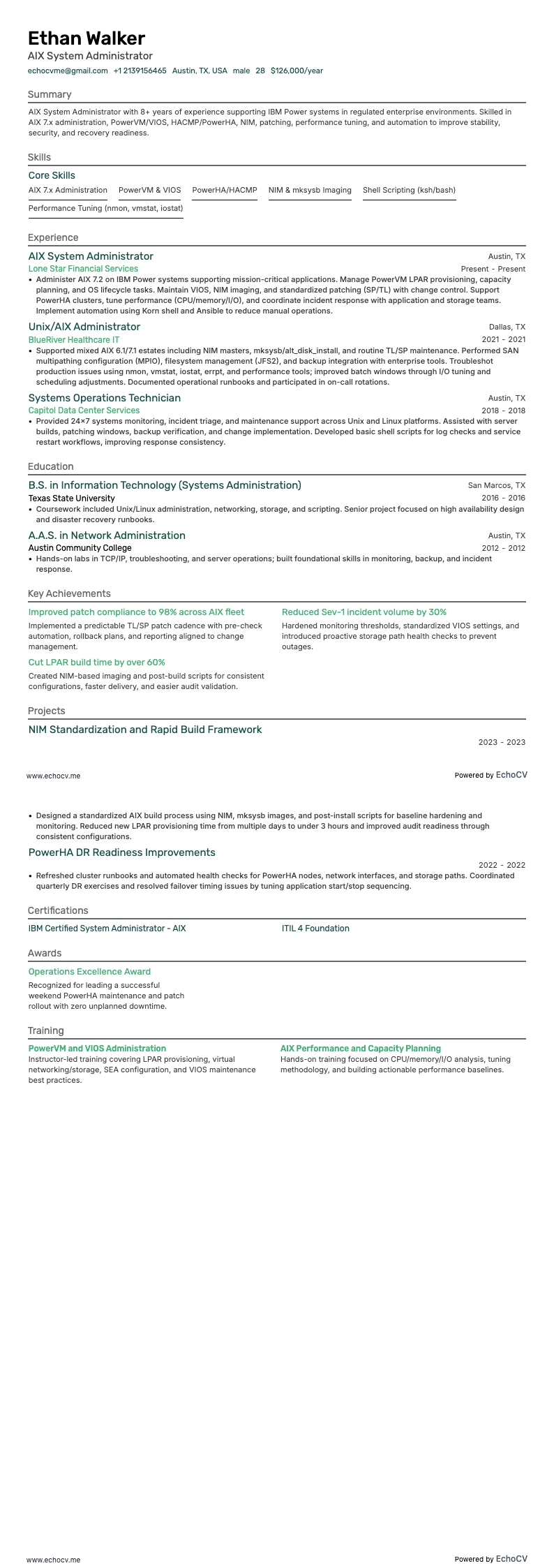 Administrador de sistemas AIX example resume