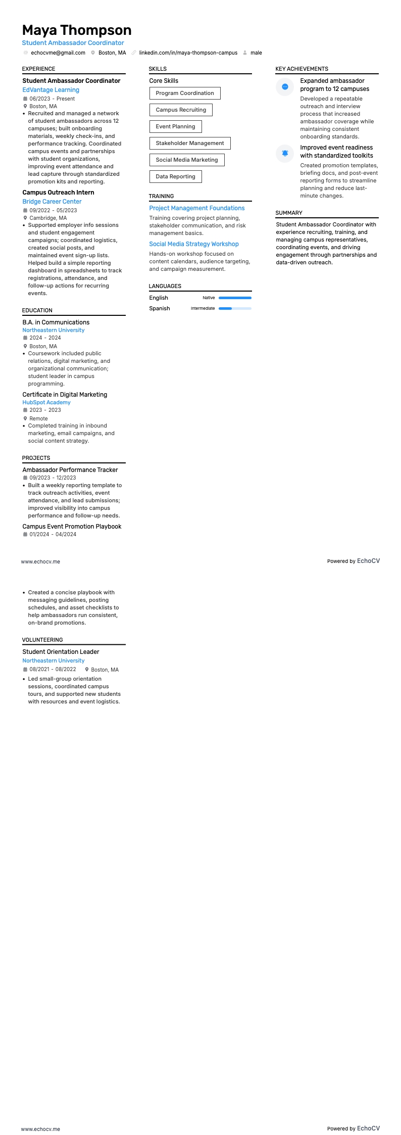 Coordinador de embajadores estudiantiles resume example