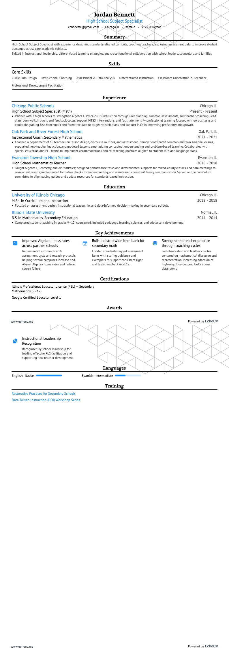 High School Subject Specialist example resume