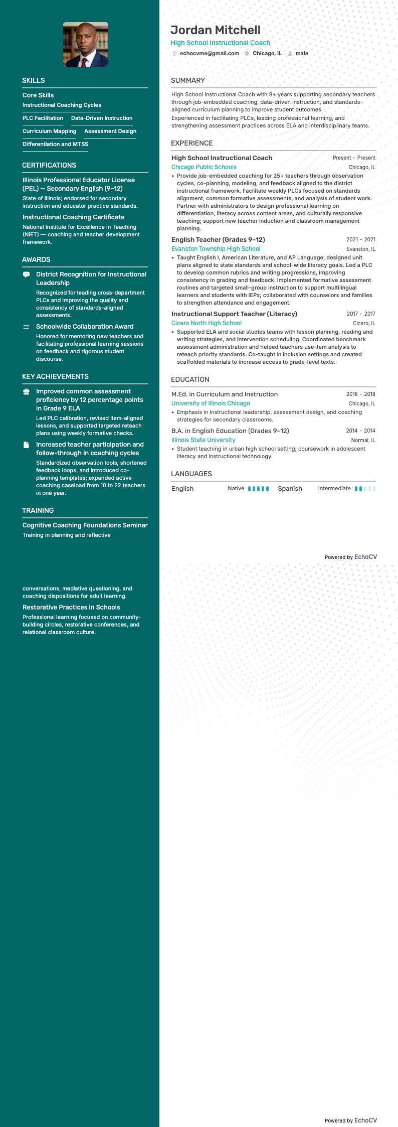 High School Instructional Coach example resume