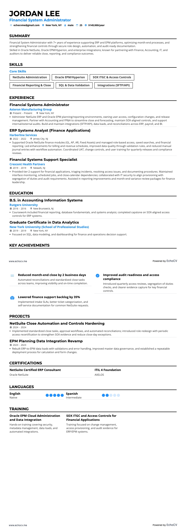 Administrador de sistemas financeiros example resume