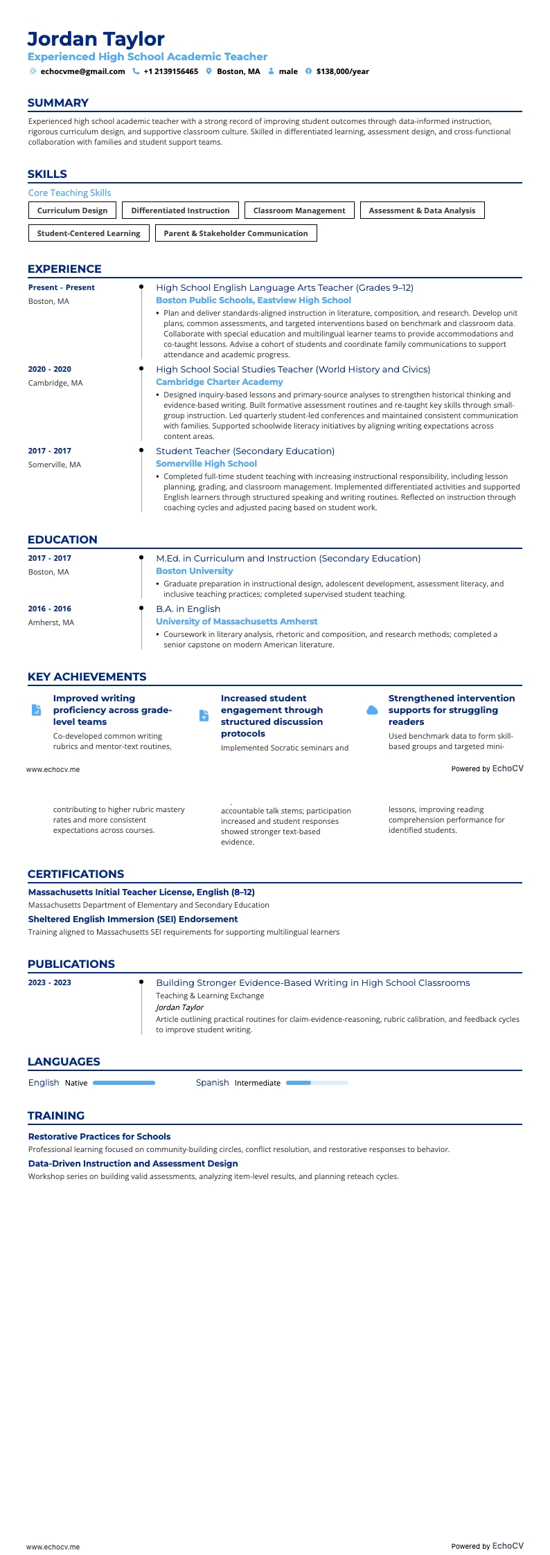 Experienced High School Academic Teacher example resume