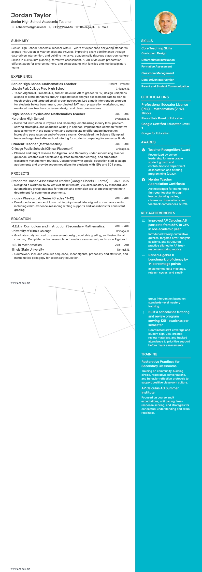 Senior High School Academic Teacher example resume