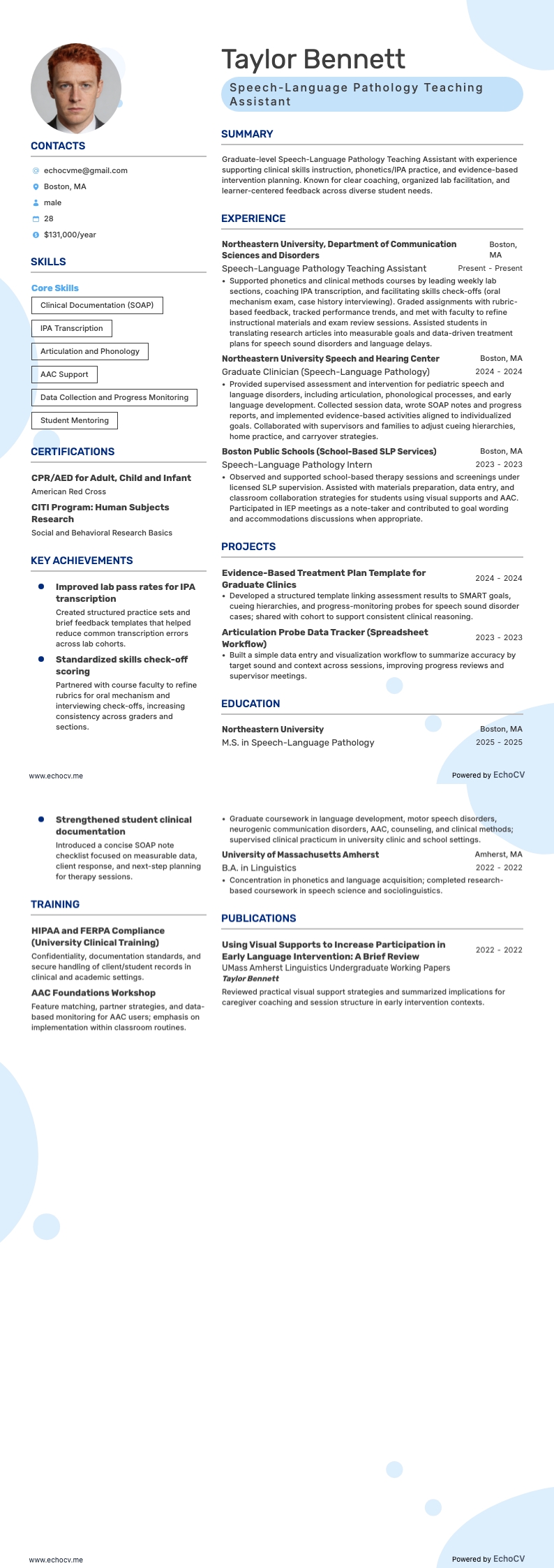 Speech-Language Pathology Teaching Assistant example resume
