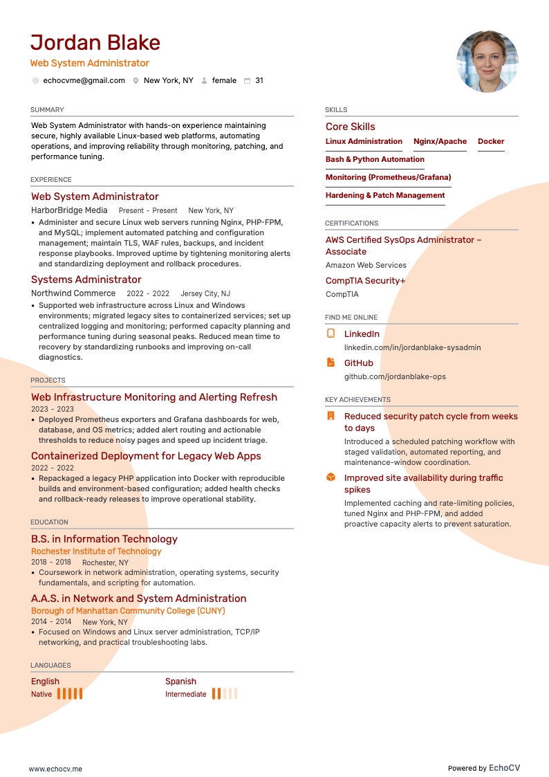 Administrador de sistemas web example resume