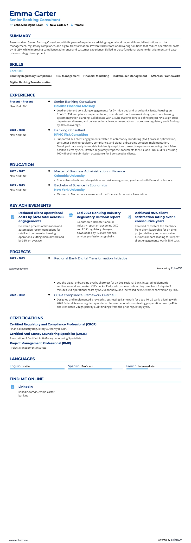 Senior Banking Consultant example resume