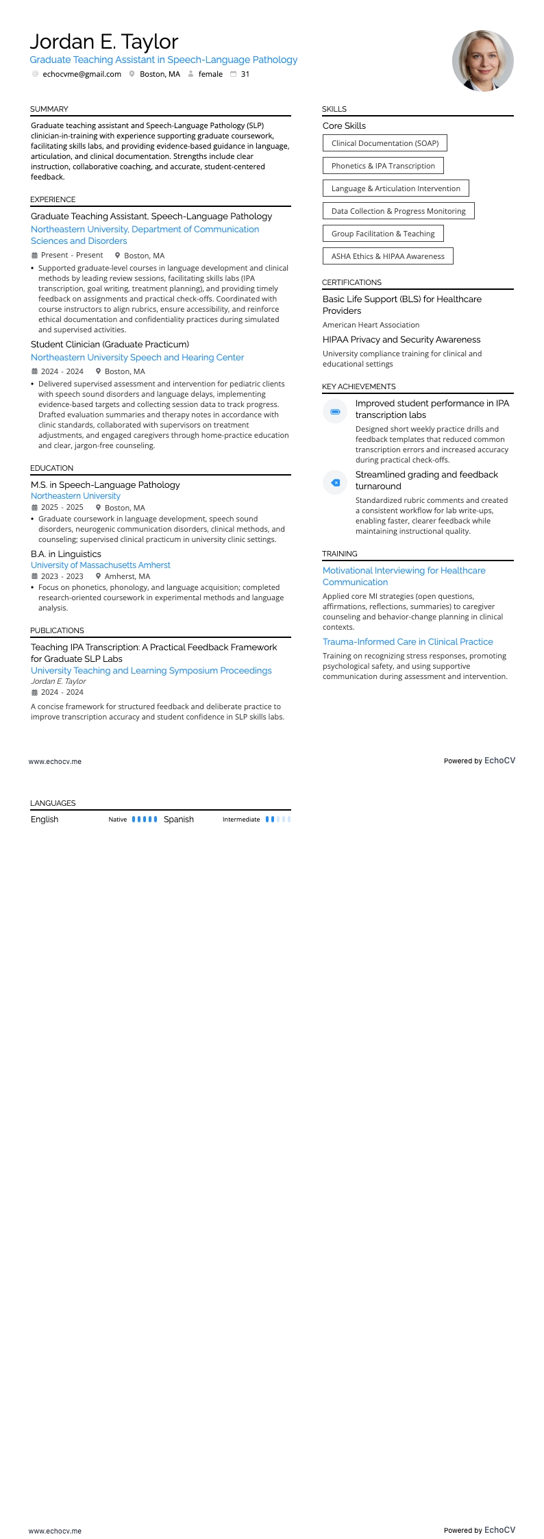 Graduate Teaching Assistant in Speech-Language Pathology example resume