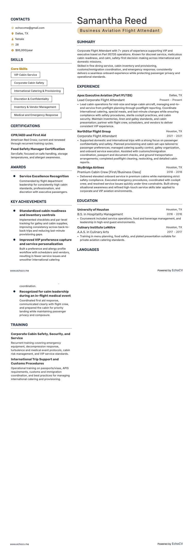 Corporate flight attendant resume example
