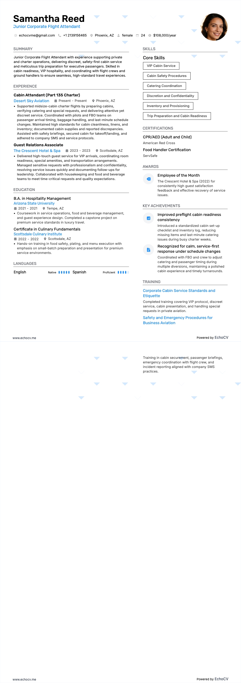 Corporate Flight Attendant resume example