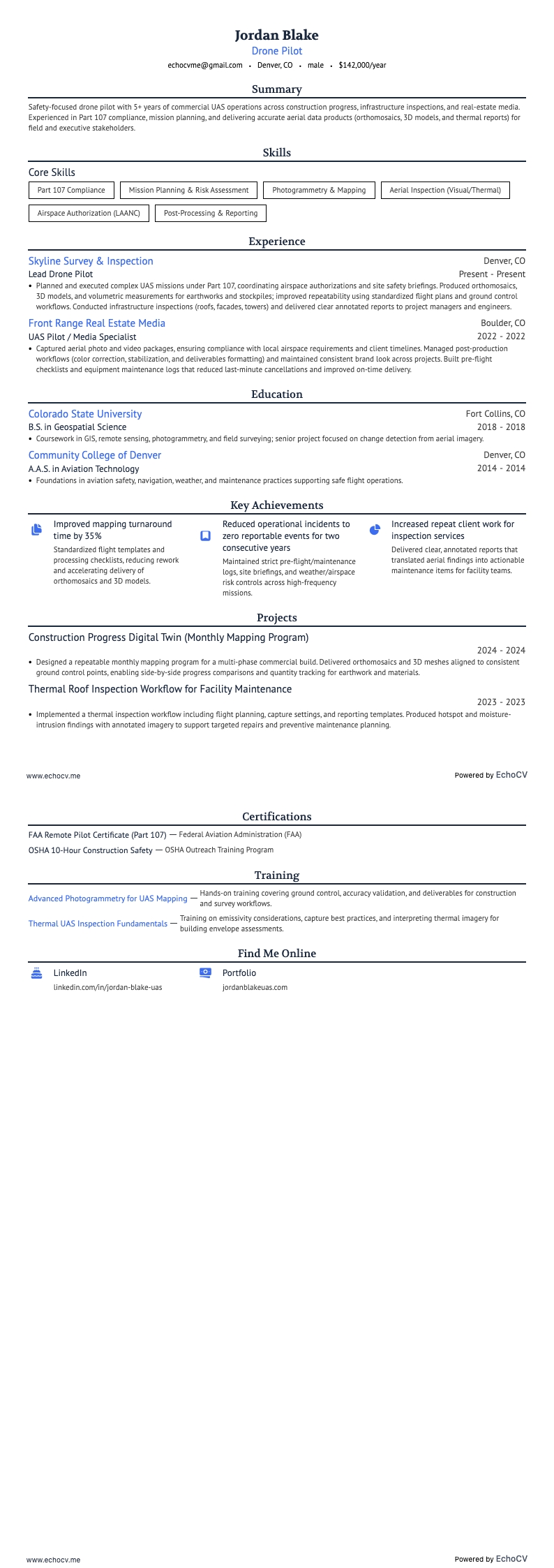 Pilota di droni resume example