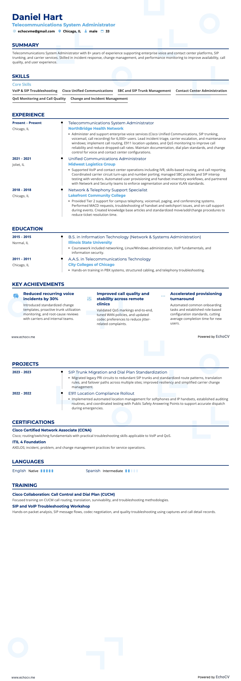 Administrador de sistemas de telecomunicações example resume