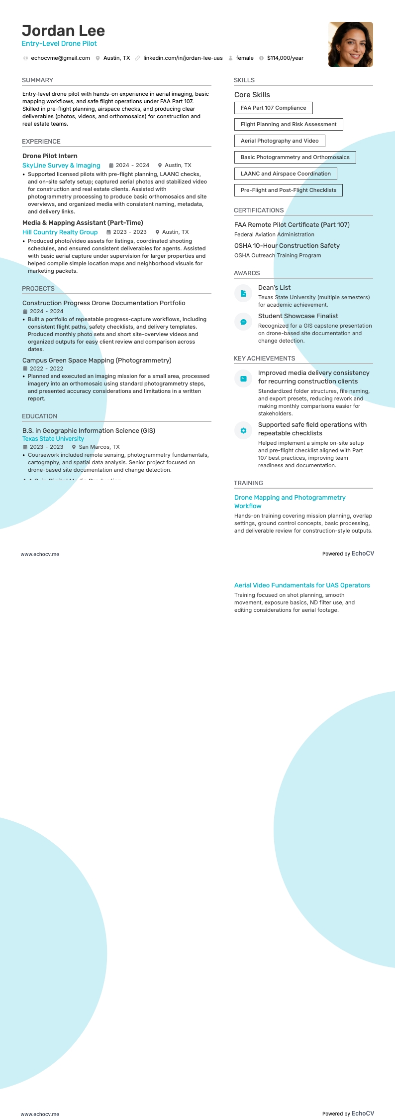 Pilote de drone resume example