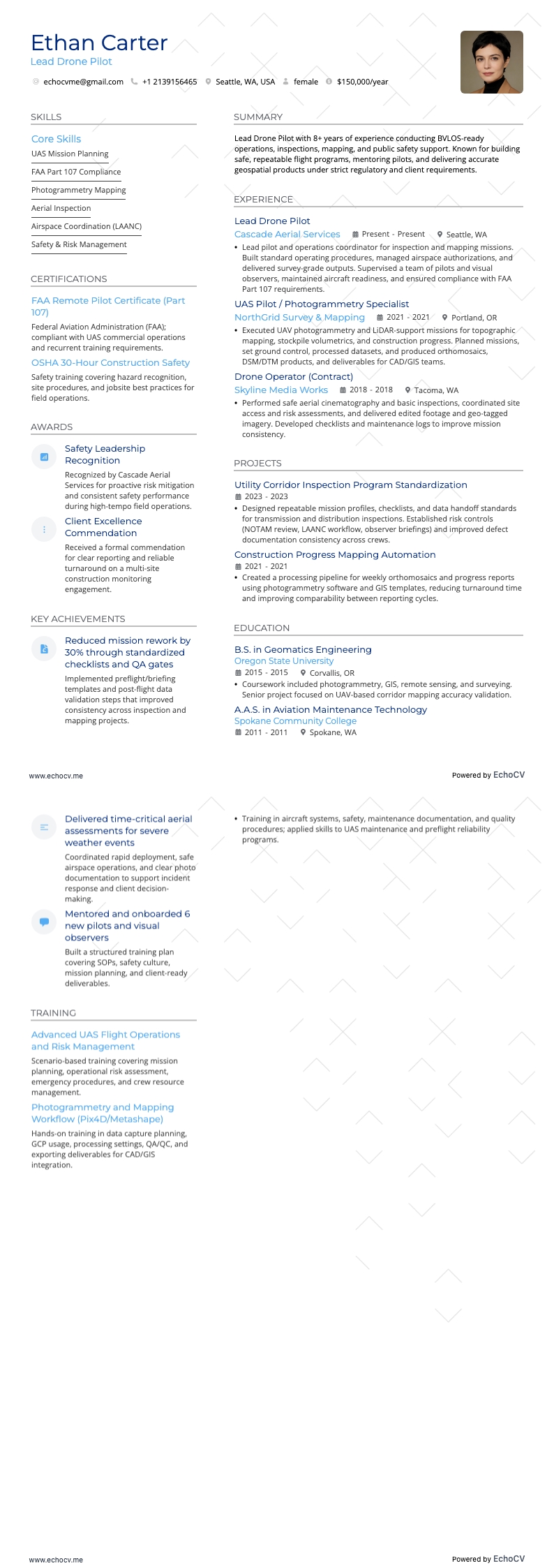 Piloto de drones resume example