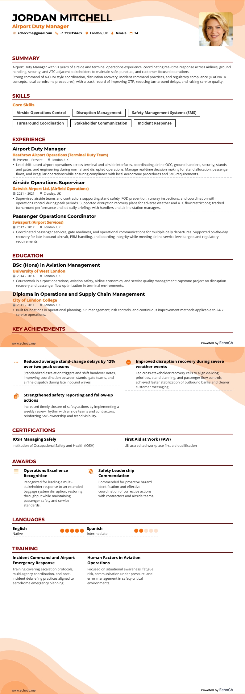 Airport Duty Manager example resume