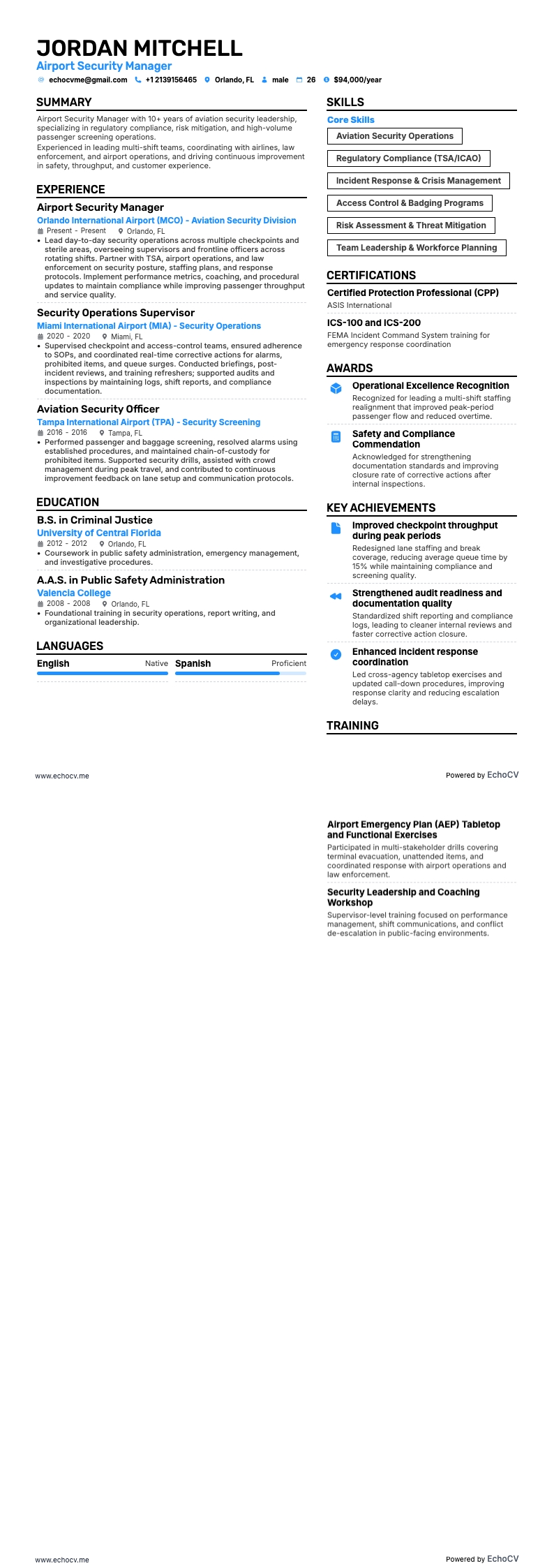 Airport Manager resume example