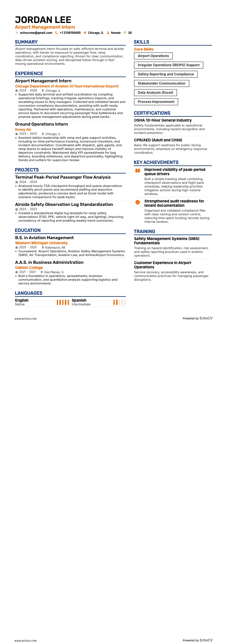 Airport Management Intern example resume