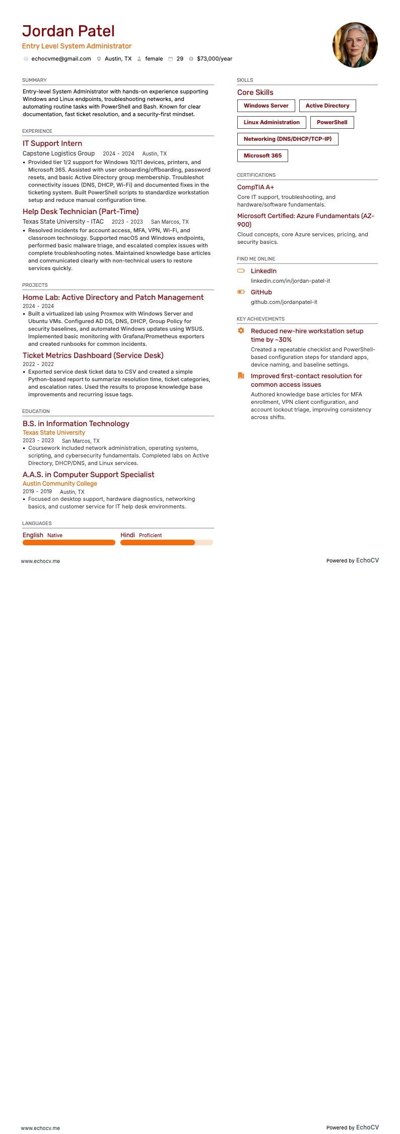 Administrador de sistemas júnior example resume