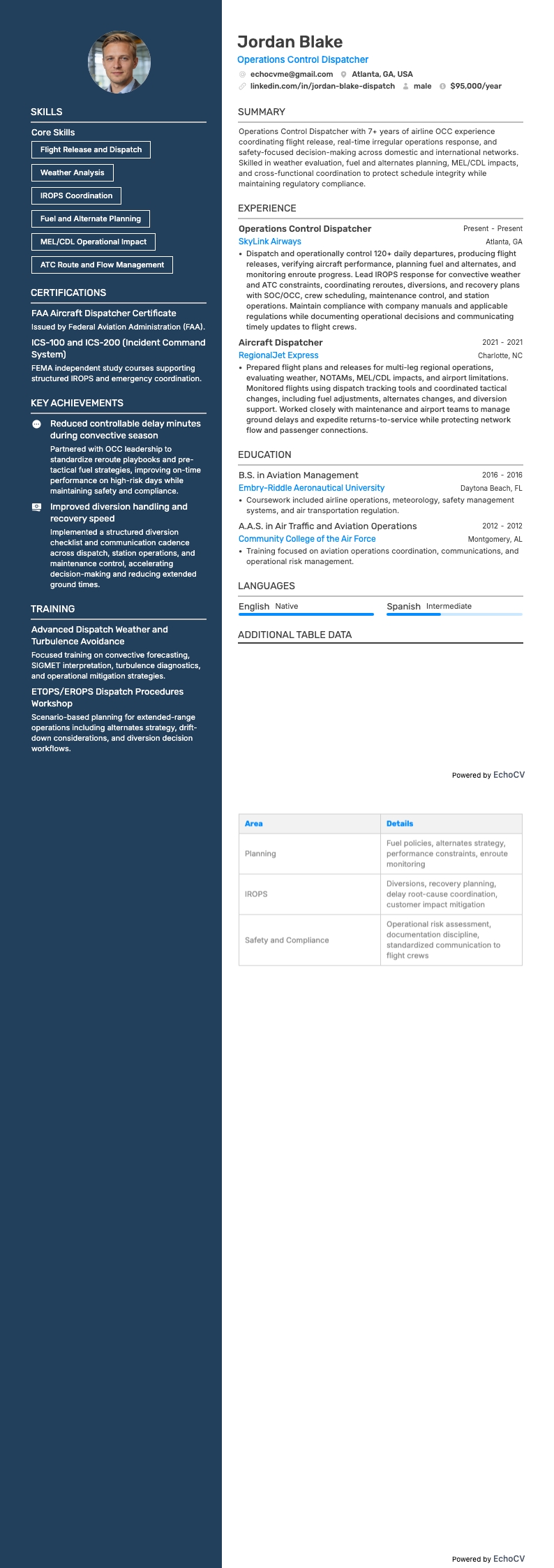 航空機ディスパッチャー resume example