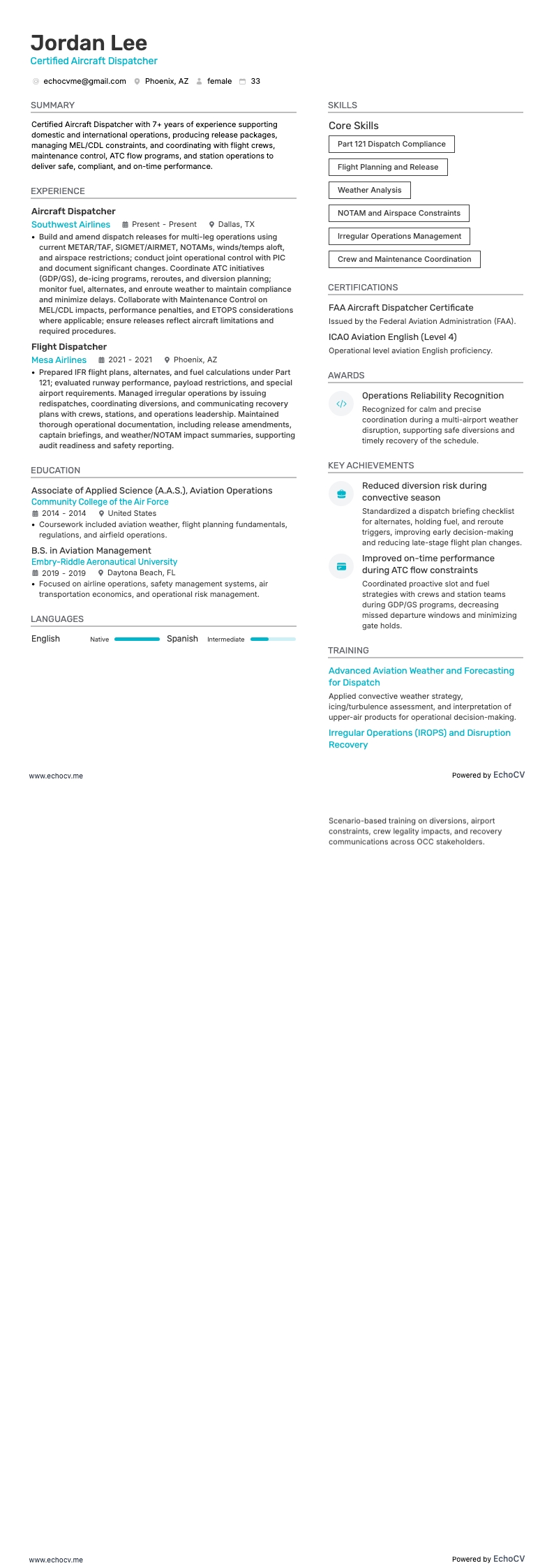 Certified Aircraft Dispatcher example resume