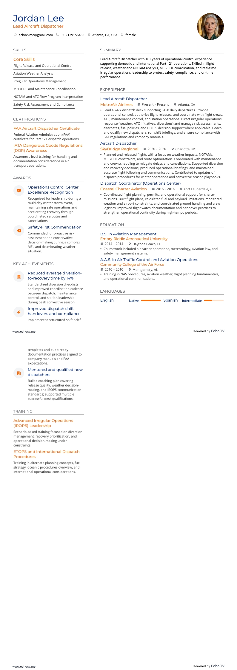 Aircraft Dispatcher resume example