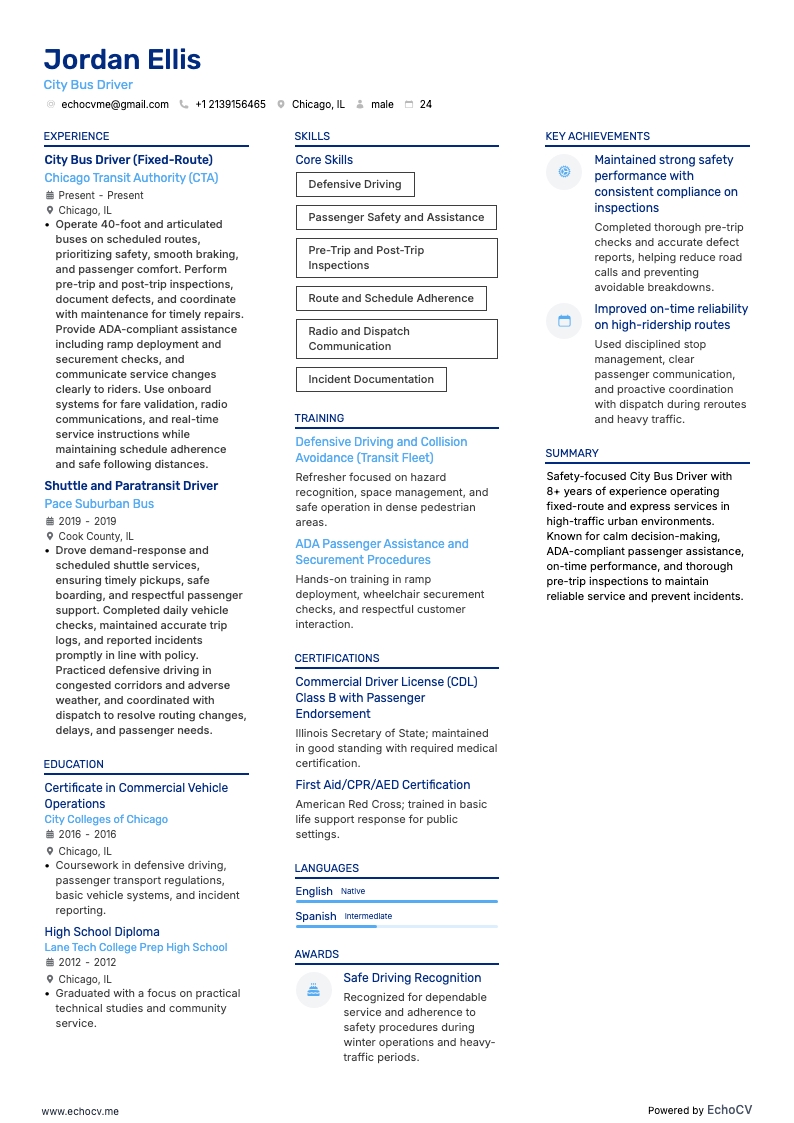 City Bus Driver example resume