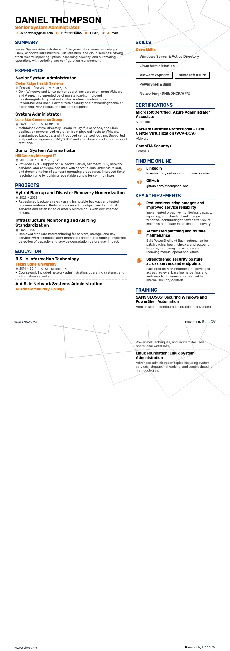 Administrador de Sistemas Sênior example resume