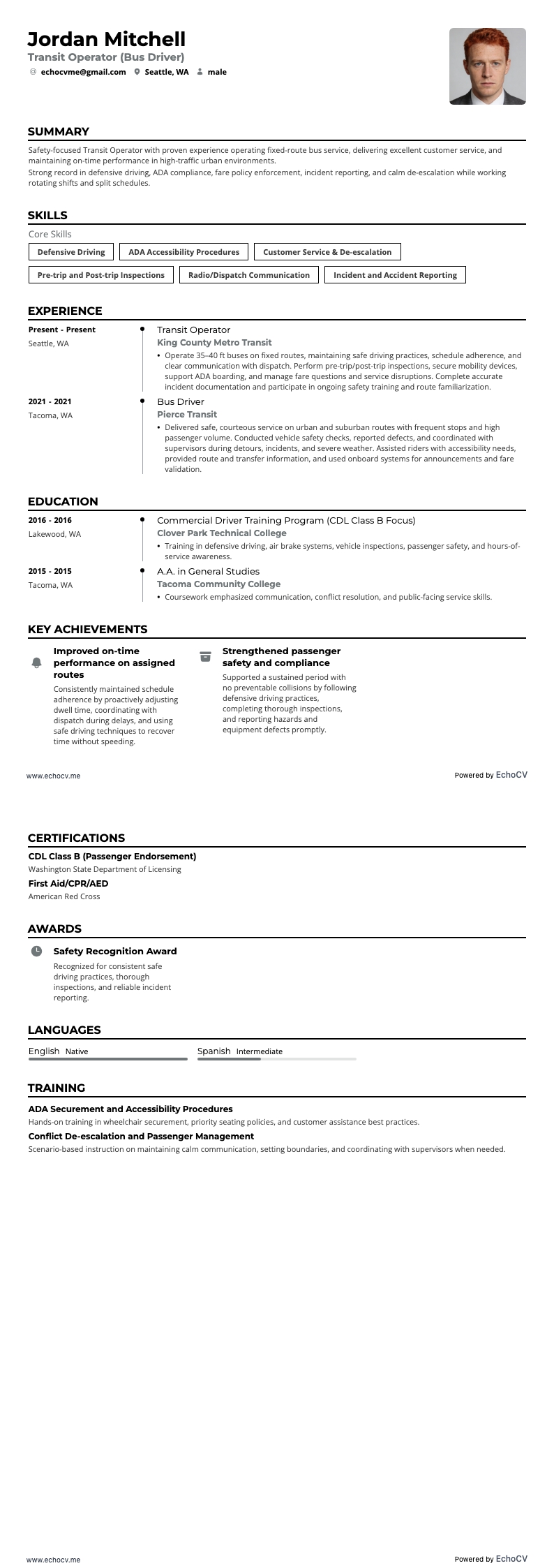 Transit Operator example resume