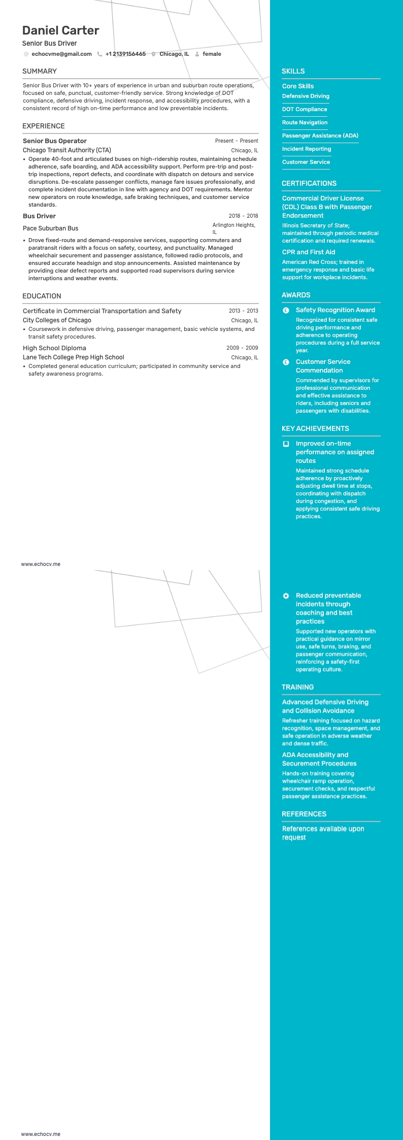 バス運転手 resume example