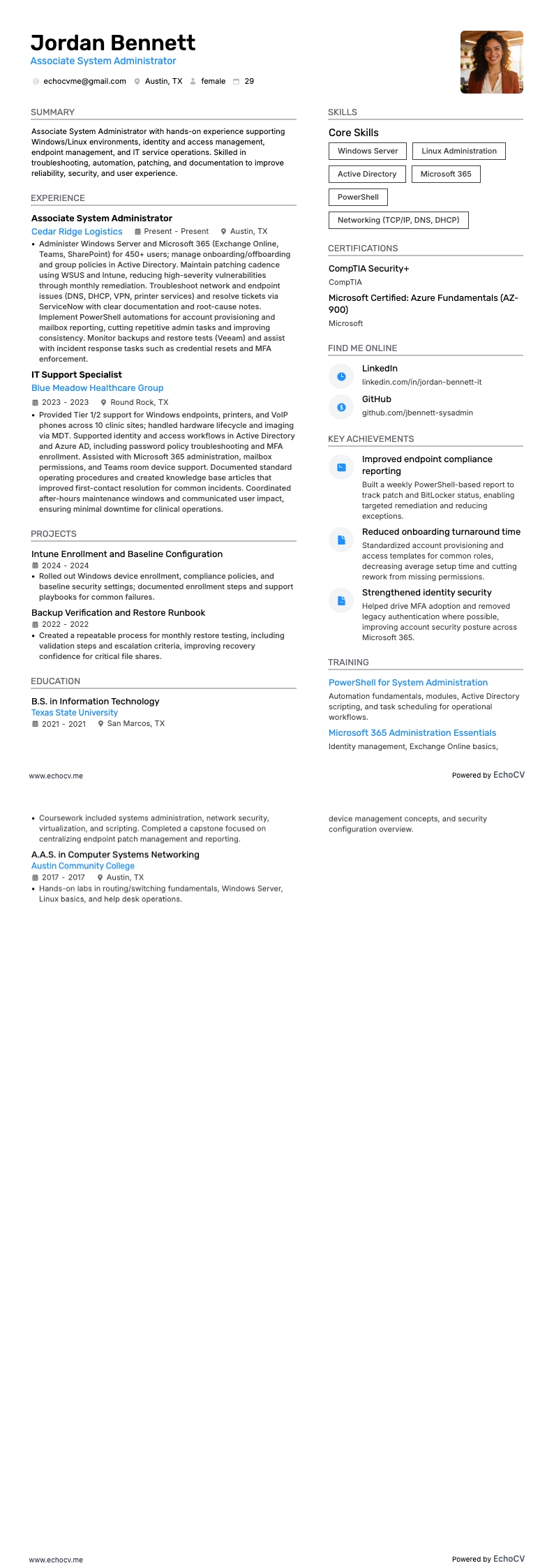 Administrador de sistemas júnior example resume