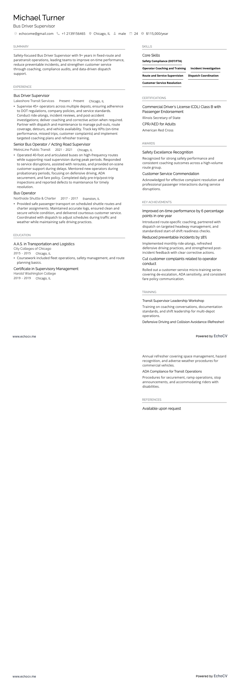 Bus Driver Supervisor resume example