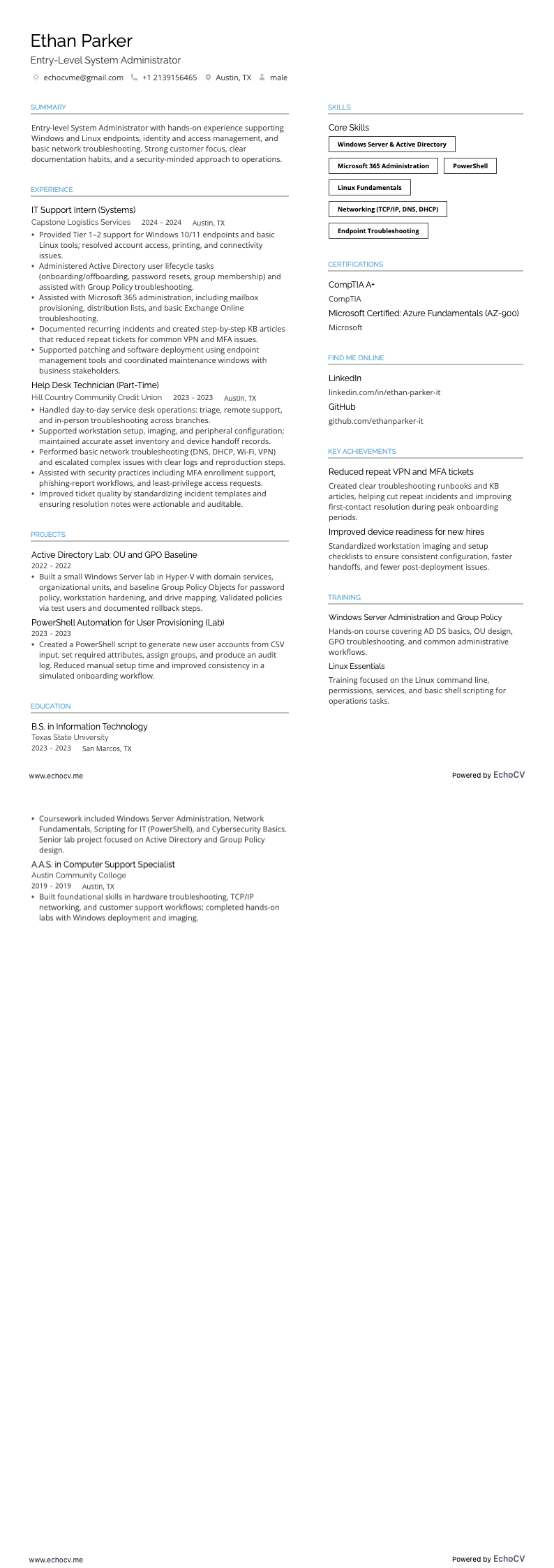 Administrador de sistemas júnior example resume