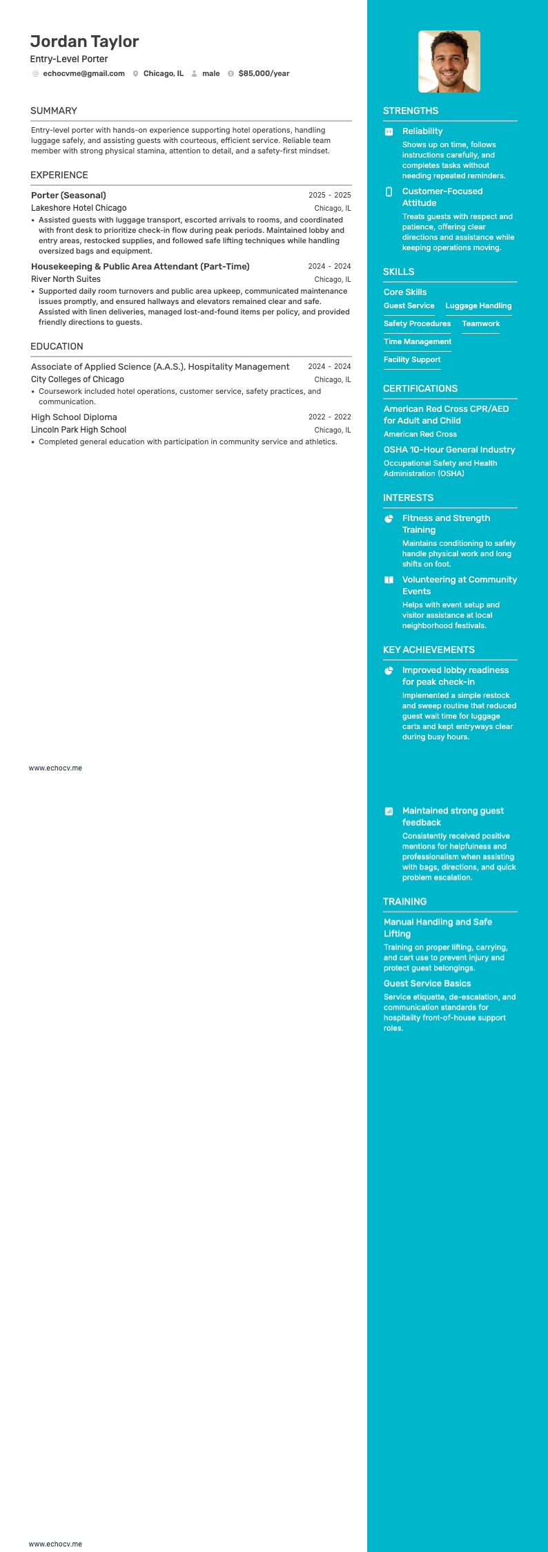 Portier débutant example resume