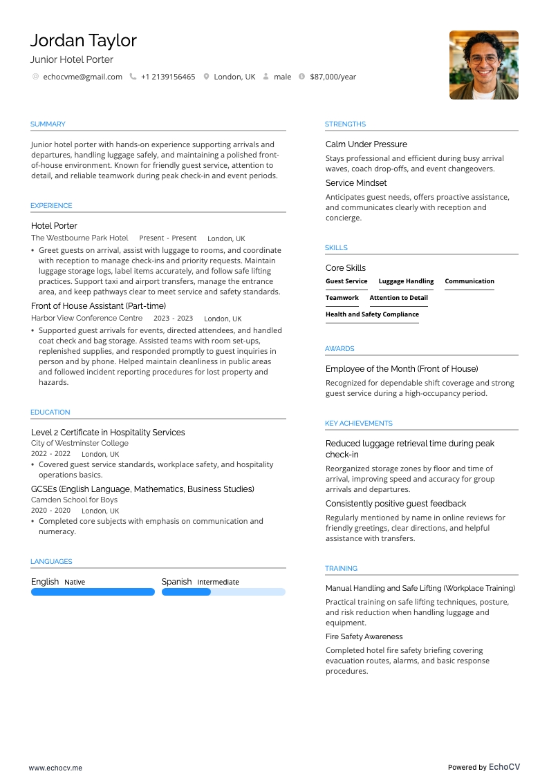 Bagagiste d'hôtel junior example resume