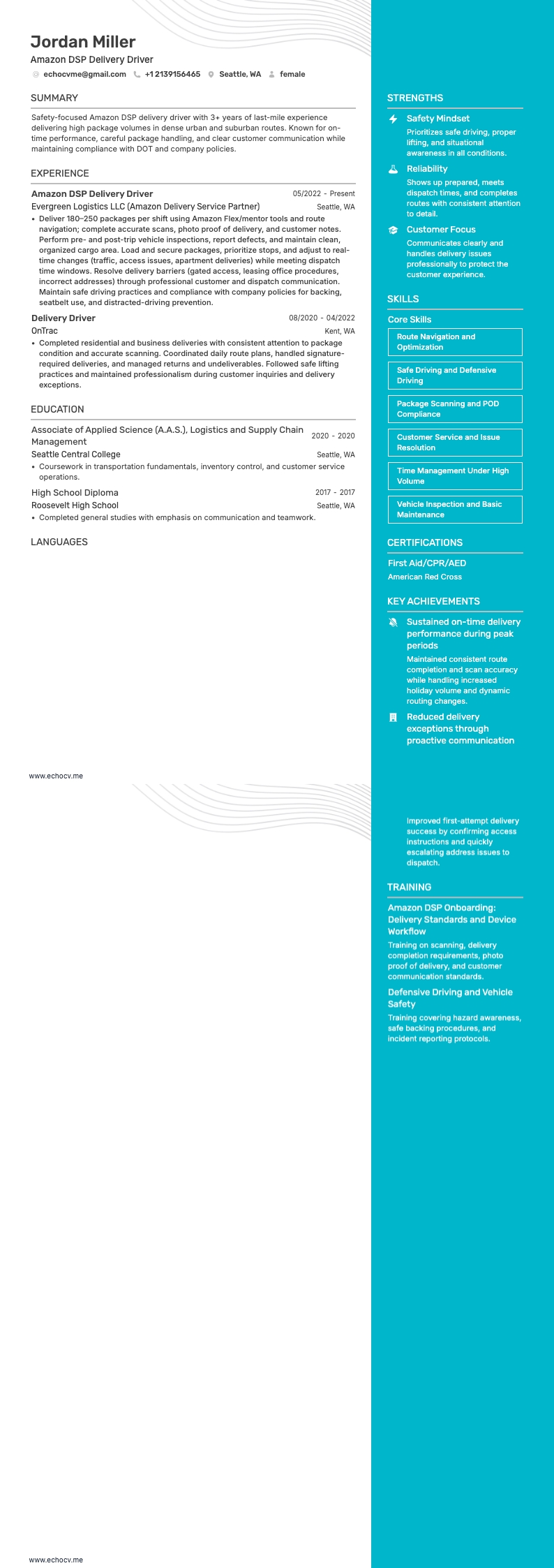 Chauffeur-livreur Amazon DSP example resume