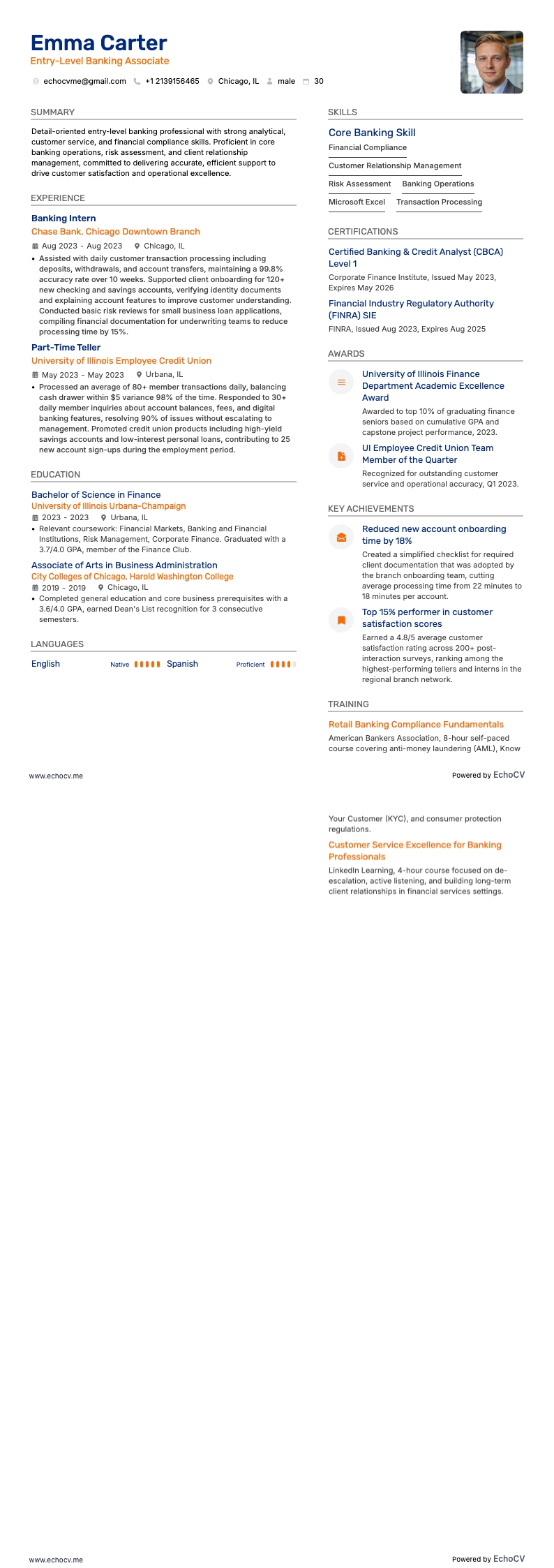 Entry-Level Banking Associate example resume