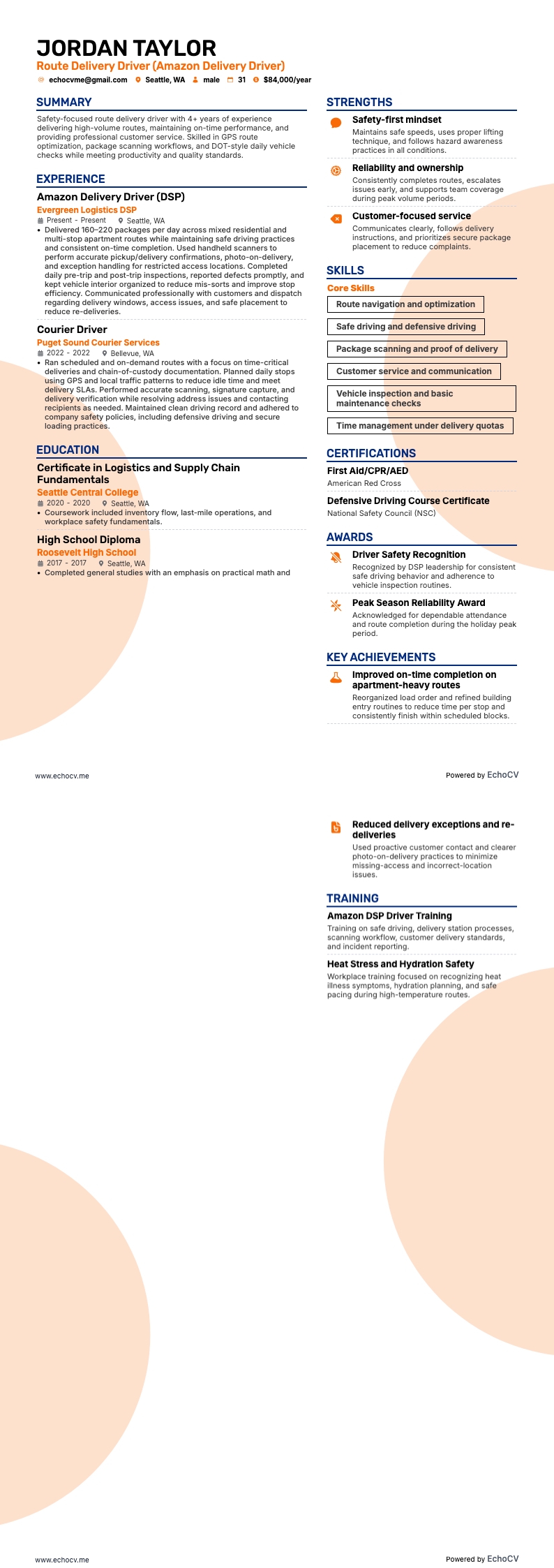 Chauffeur-livreur de tournée example resume