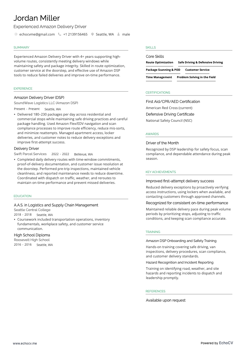 Chauffeur-livreur Amazon expérimenté example resume