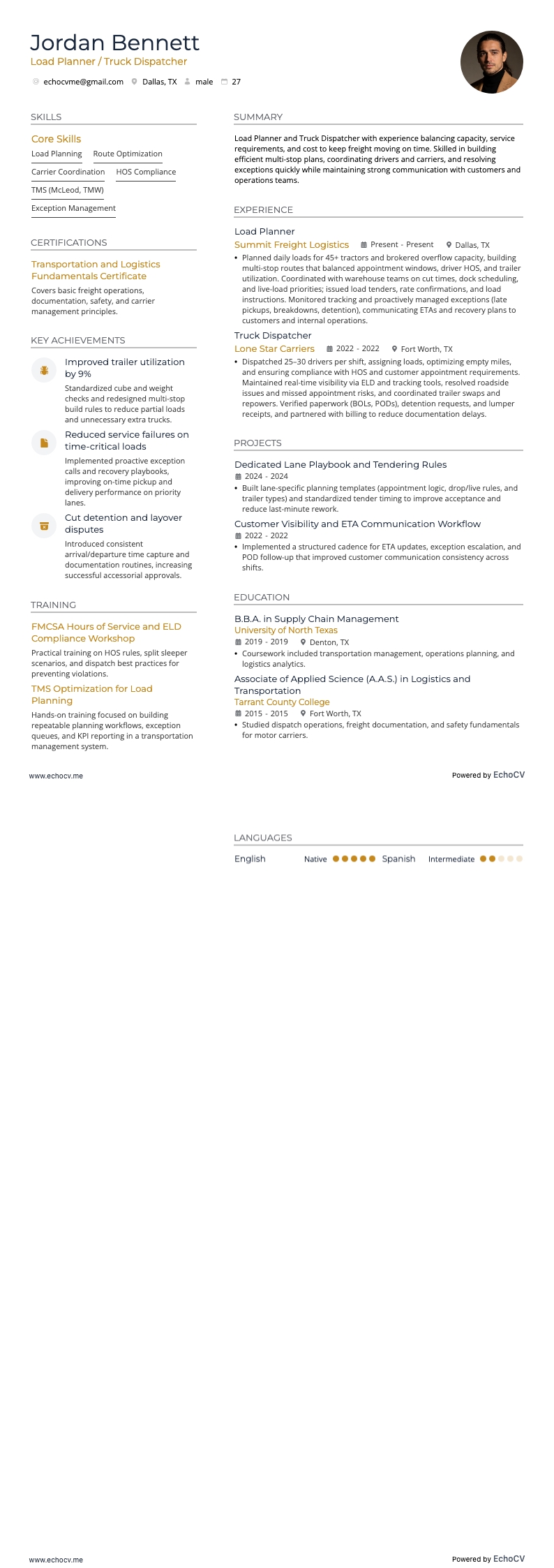 Điều phối xe tải resume example