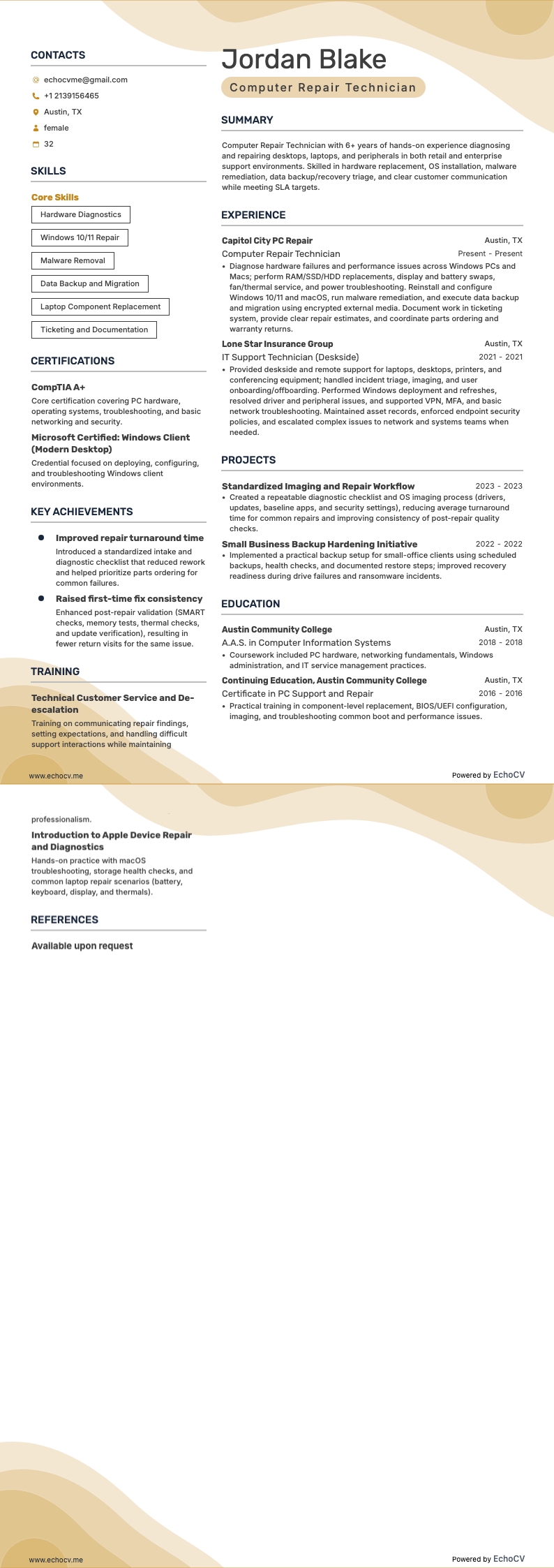 Computer Repair Technician example resume